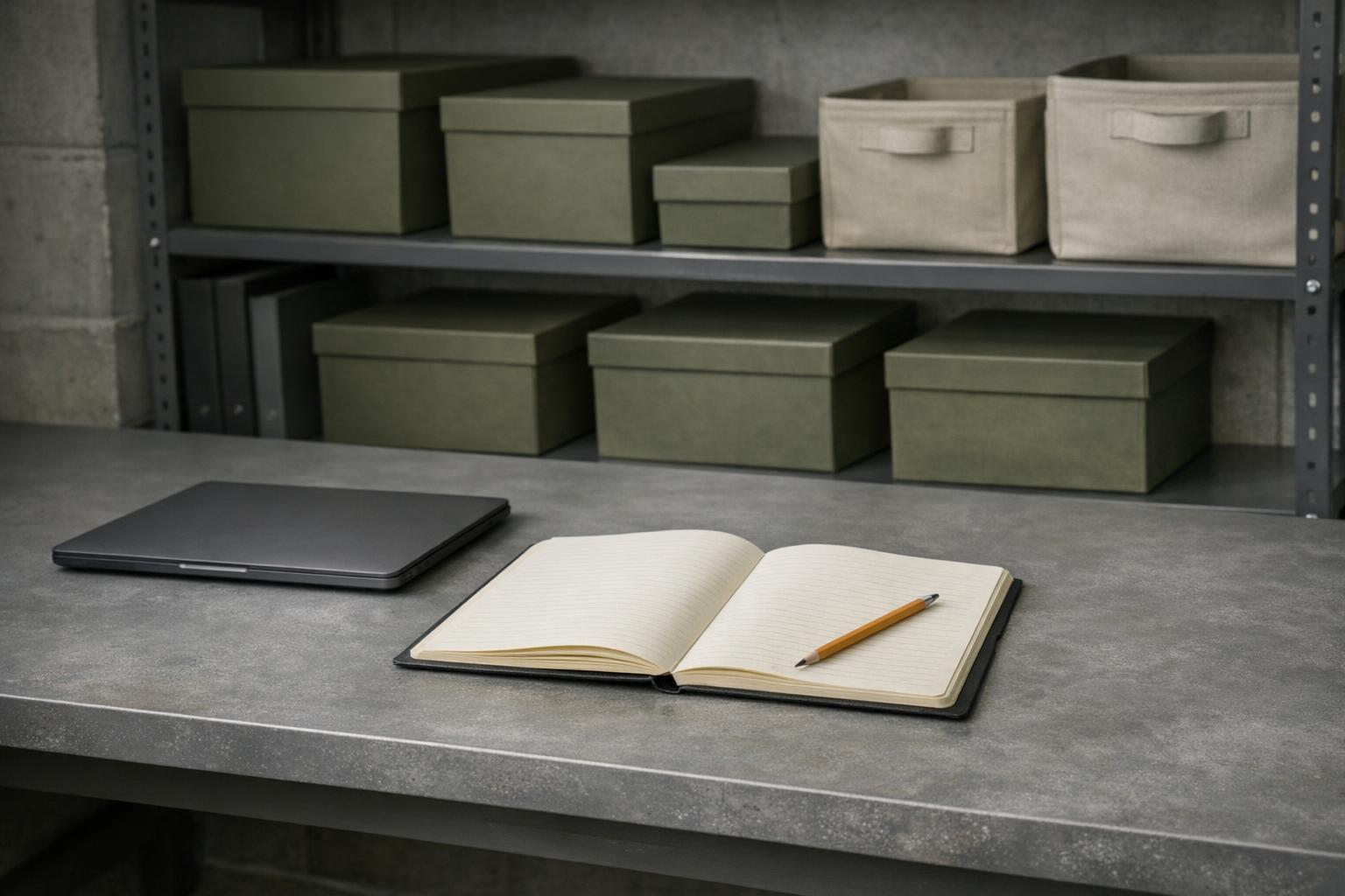 Open notebook on a basement workbench in front of storage shelves.