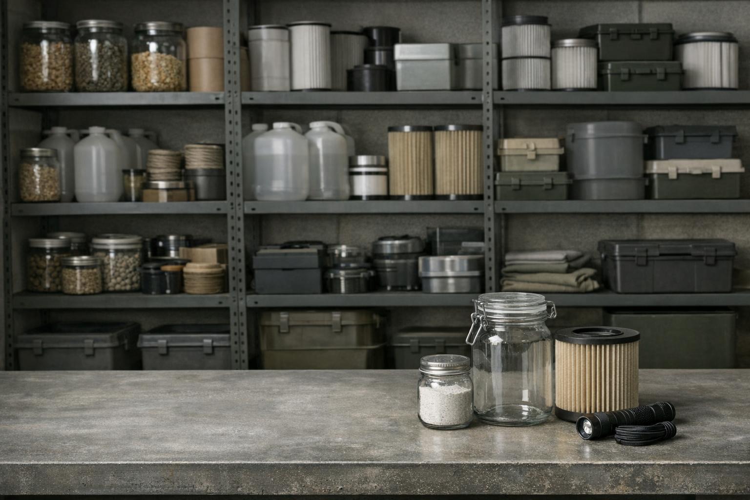Glass jars arranged on basement shelves and a workbench.