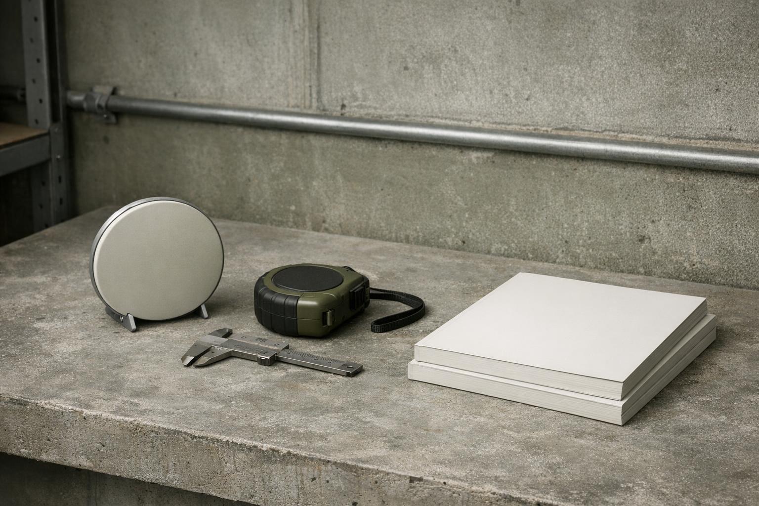 Round gauge, tape measure and blank cards on a basement workbench.