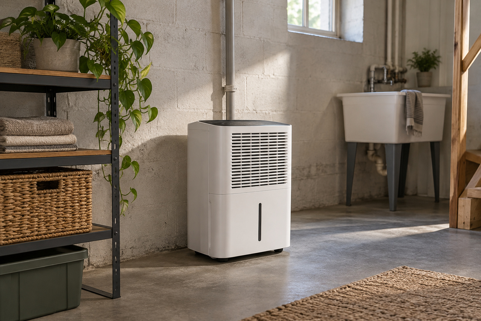 White dehumidifier beside shelving and a utility sink in a basement.